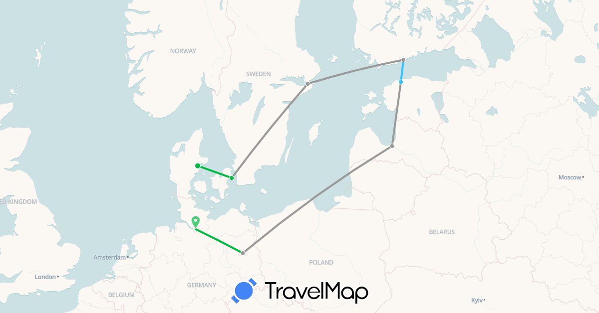 TravelMap itinerary: bus, plane, boat in Germany, Estonia, Finland, Latvia (Europe)